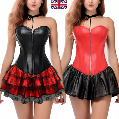 Women Faux Leather Overbust Corset Top Zipper Burlesque Basque Lace Up Bustier • £21.79