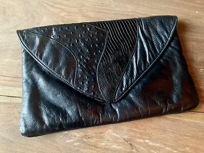 Rare 60s 70s VTG USA Donny Brand Black OSTRICH Leather Clutch Bag Purse Wallet • $35
