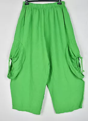 LA BASS Emerald Green DROP Pocket 100% Flax Linen Balloon Trousers Size XL/XXL • $112.40