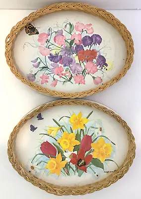 Set Of 2 VTG Painted Oval Trays Wicker Floral Butterfly Bridgette James Bermuda • $16