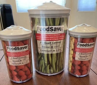 $99 • Buy 3 FOODSAVER Vacuum Sealer Canisters  NEW  (1) 3 1/4 Quart And (2) 1 Quart