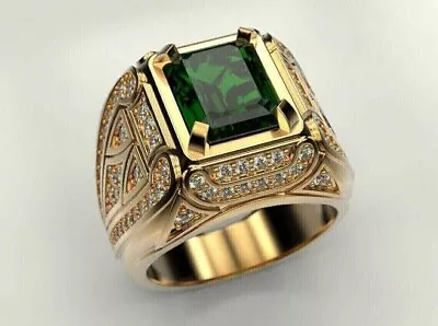 Emerald Cut Lab Created Green Emerald Men's Wedding Ring 14k Yellow Gold Plated • $118.99