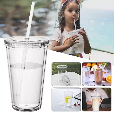 Travel Double Walled Plastic Cup And Straw Insulated Cold Drinks  With Lid 500ml • £6.49