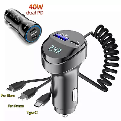 3 IN 1 Retractable Car Charger Cable Dual Port USB-C PD Fast Charging Adapter • $16.59