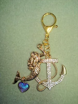 5  Drop Golden Mermaid Beauty Rhinestone Anchor & Purple Heart Key Ring Dangle • $20