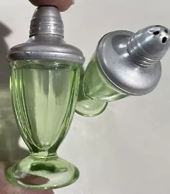 Salt And Pepper Shakers Mini Paneled Green Glass  SET OF TWO Depression • $35