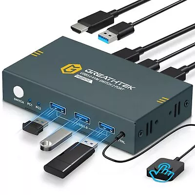 USB3.0 KVM Switch 2 Port HDMI 4K@60Hz KVM Switch 1 Monitor 2 Computers With 3 • $22.17