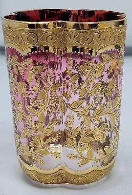 Antique Moser Glass Hand Painted Gold Enamel 3 3/4  Quatrefoil Red Tumbler  • $395