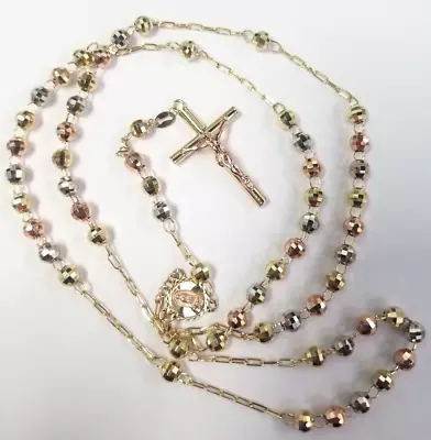 $749.99 • Buy Rose White Yellow Gold 26'' 5mm Rosary Virgin Mary Cross Crucifix Chain Necklace