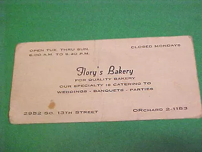 Vintage Calling/business Card Flory's Bakery Weddings Banquets Parties  • $25