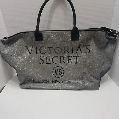 Victoria's Secret Tote Bag Black Silver Glitter Weekender Limited Edition • $34.99