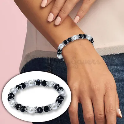 Ladies Silver Crystal Diamante Bracelet Elastic Stretchy Bangle Jewellery Gift • £4.99