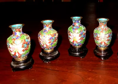 Cloisonné ENAMEL Brass MINIATURE 2  VASE FLORAL Design SET Of 4 With Stands • $35.99