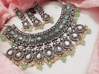 $245.98 • Buy Bollywood Style Indian Antique Polish Kundan CZ Necklace Light Green Jewelry Set