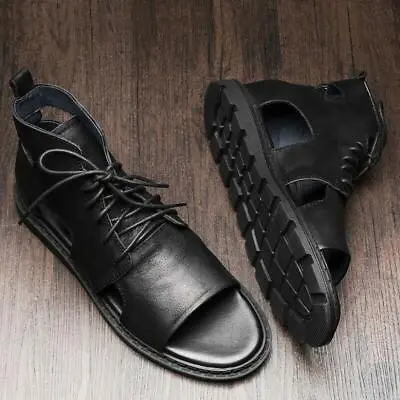 Mens Retro Gladiator Sandals High Top Leather Lace Up Sandals Casual Shoes Roman • £34.79