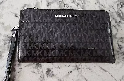 Michael Kors Jet Set Travel Double Zip Wristlet Wallet MK Logo Signature Black • $45