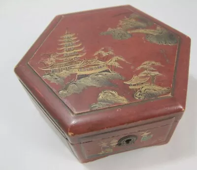 Vintage Japanese Hexagonal Lacquer Box - Reddish W/ Gold Decoration • £19.95