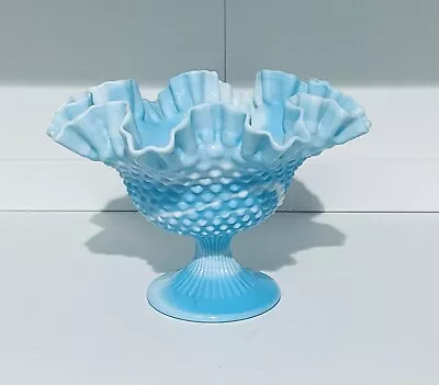 Vintage Fenton Blue Milk Marble Glass Hobnail Pedestal Bowl Ruffled • $48