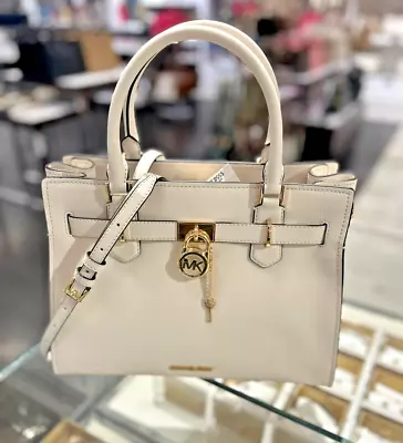 Michael Kors Hamilton Medium Leather Satchel Crossbody Handbag Purse Light Cream • $199