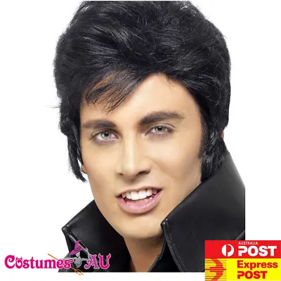 Mens Elvis Presley Wig Rock N Roll Move Star Black Wigs 1950s 50s 60s Grease • $23.74