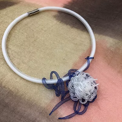 Gift. Fabulous Handmade Stylish White/Blue Nylon Mesh Tubing Necklace Jewellery • £45