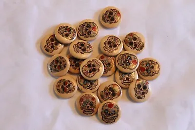 20 Sugar Skull Day Of The Dead Spanish Mexican Design Brown Wooden Buttons 15 Mm • $24.99