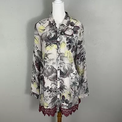 Mystree Tunic Top Size S Floral Button Front Lace Trim Long Sleeve Blouse • £19.37