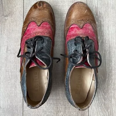 BedStu Womens 9 Lita Brown/Blue/Red Rustic Distressed Wingtip Brogue Shoes • $79