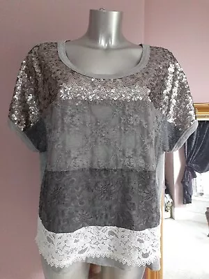 *LINEA TESINI * GREY Sequinned Lace Front Top • £4.99