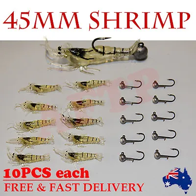 $9.95 • Buy 20X Soft Plastics Shrimp Bait Prawns 45mm & 1g Jig Heads Fishing Lures BREAM