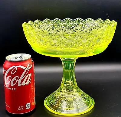 Vaseline Art Glass Daisy And Button Topaz  Queen Center Piece Compote Uranium  • $155.55