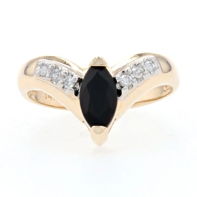 $206.99 • Buy Yellow Gold Onyx & Diamond Ring - 14k Marquise Cut Contoured V-Shape