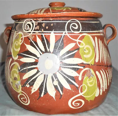 Mid Century Tlaquepaque Bean Pot Redware Lidded Pottery Mexico Hand Paint Flower • $52.90