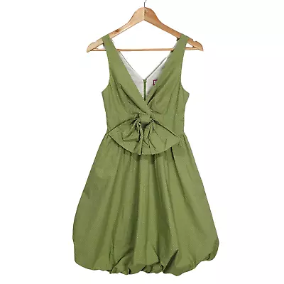 Review 8 Vintage Avocado Green Polka Dot Sleeveless Bow Detail Bubble Hem Dress • $29.95