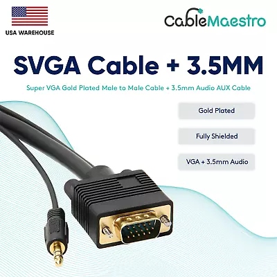 SVGA Super VGA 3.5mm Aux Audio Cable Video Male To Male Monitor Cord 15 Pin Lot • $6.85