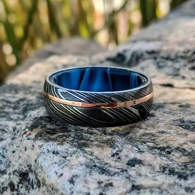 Mens Wedding Band Damascus Steel Ring 14k Rose Gold Blue Ocean Sleeve • $602