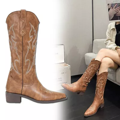 Ladie Genuine Tan Brown Real Leather Cowboy Boot Slip On Mid Calf Boots UK • £26.68