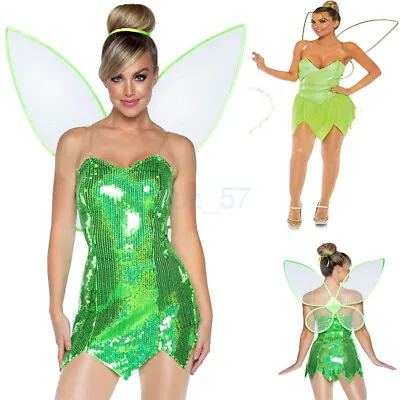 Adult Green Neverland Pixie Fairy Tinkerbell Fancy Dress Costume With Wings HOT • $25.49