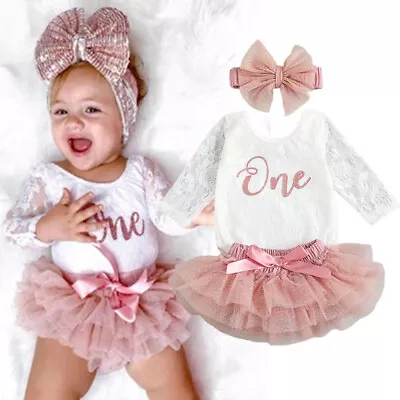 Baby Girls Personalised First 1st Birthday Outfit Cake Smash Set Tutu Skirt • £11.78