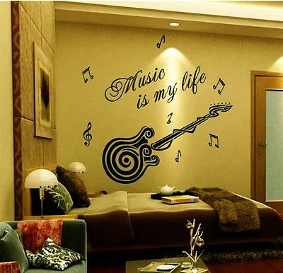 Large Music Is My Life Guitar Wall Quote Art Wall Stickers UK  SH95 • £15.11