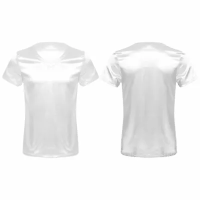 Mens Shiny Satin T-Shirt V Neck Short Sleeve Tops Loose Pajamas Shirts Sleepwear • £9.99