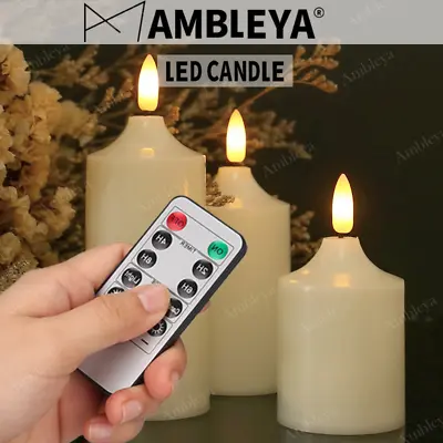 3PCS Flicker Flameless LED Pillar Candles Battery Operated Remote Control Timer • £8.89