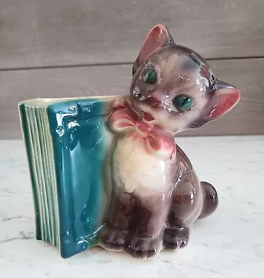 Vintage Royal Copley Ceramic Cat Kitten Next To Book Planter Vase Cat Bookend  • $19