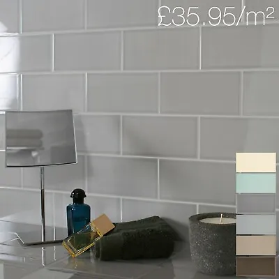£1.50 • Buy CUT SAMPLE Devon Gloss Smooth Glazed Ceramic Brick Wall Tiles - Ivory Blue Grey