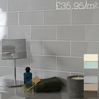 £1.50 • Buy CUT SAMPLE Devon Gloss Smooth Glazed Ceramic Brick Wall Tiles - Ivory Blue Grey