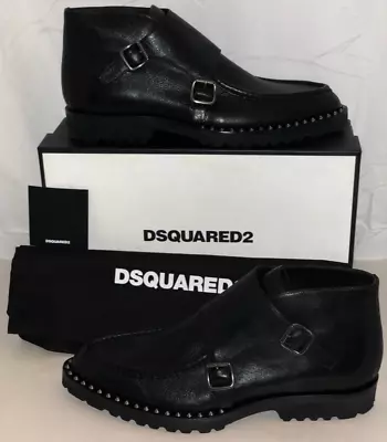 43 US 10 Dsquared2 MEN BLACK Leather Boot Studded Buckle Riding Biker Moto Boots • $365.75