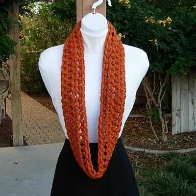 Small INFINITY SCARF Solid Bright Burnt Orange Handmade Crochet Skinny Winter • $17.99