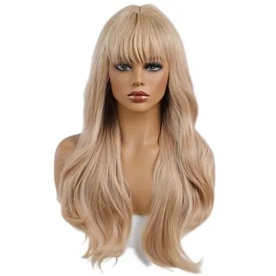 Honey Blonde Cosplay Wig With Bangs Heat Resistant Synthetic Hair Body Wavy Long • £15.99