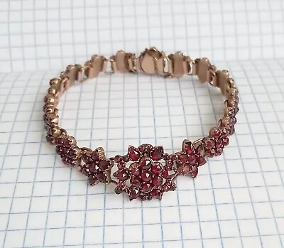 Antique Women's Jewelry Gilt Brass Bangle Bracelet Natural Bohemian Garnet Czech • $510