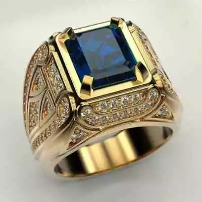 3.02 Ct Emerald Simulated Sapphire Men Fancy Wedding Ring 14K Yellow Gold Plated • $131.35